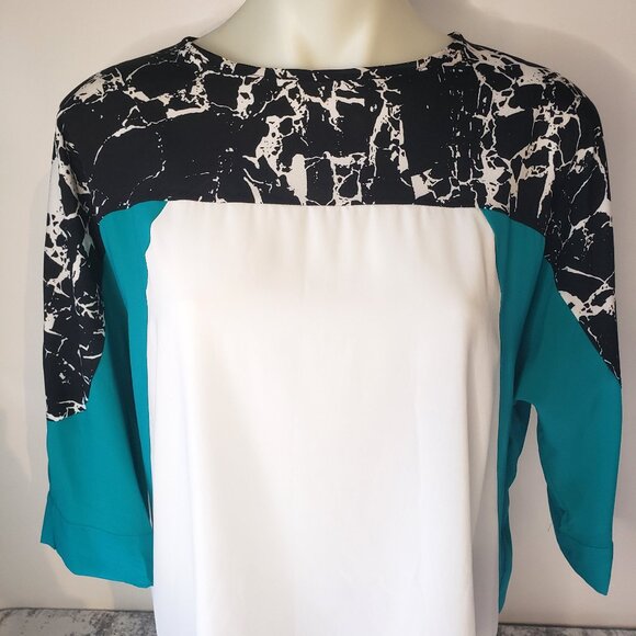 Calvin Klein Blouse Turquoise Black White 3/4 Sleeve - Picture 3 of 13